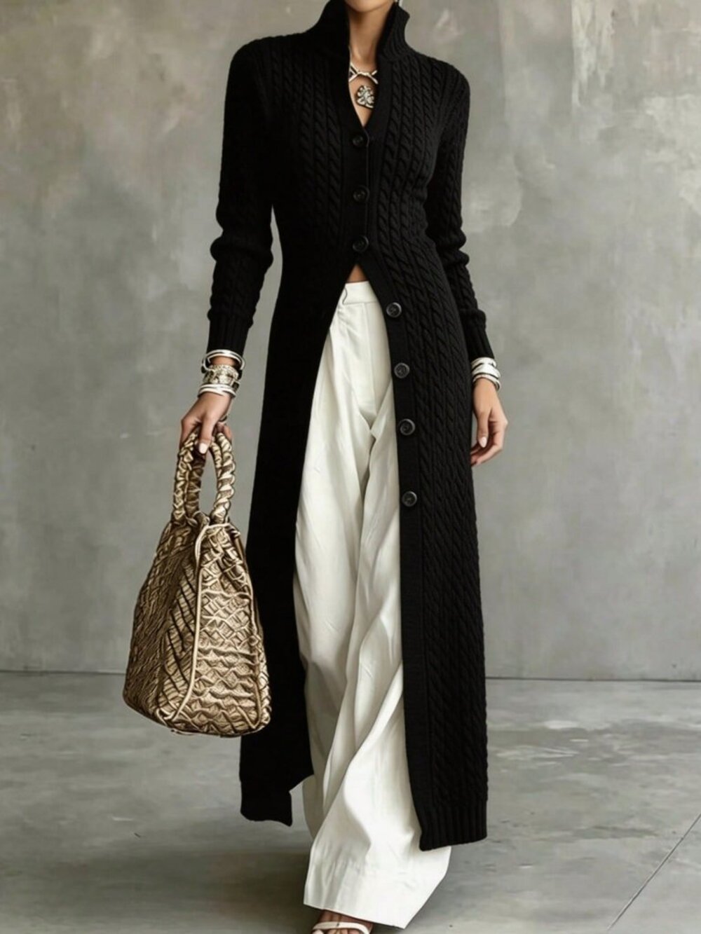 Black Casual Women's Button Front Knitwear Long Cardigan